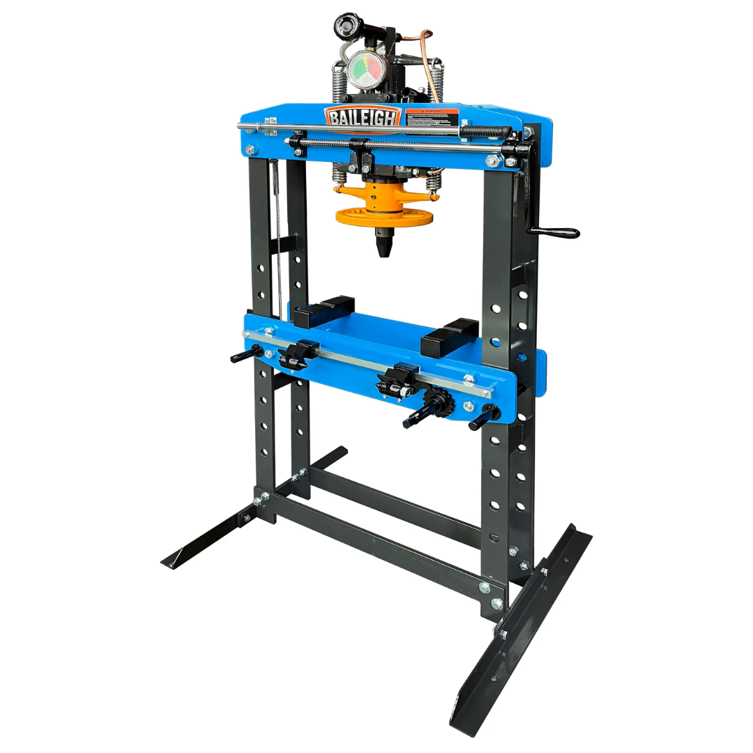 Baileigh 15 TON HYDRAULIC SHOP PRESS HSP-15A 1232703 angled side view highlighting reinforced frame construction, hydraulic press assembly, adjustable bed, and compact workshop footprint.