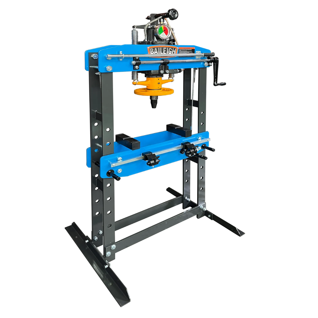 Baileigh 15 TON HYDRAULIC SHOP PRESS HSP-15A 1232703 perspective view displaying hydraulic cylinder, press table adjustment system, durable steel structure, and industrial-grade pressing capabilities.