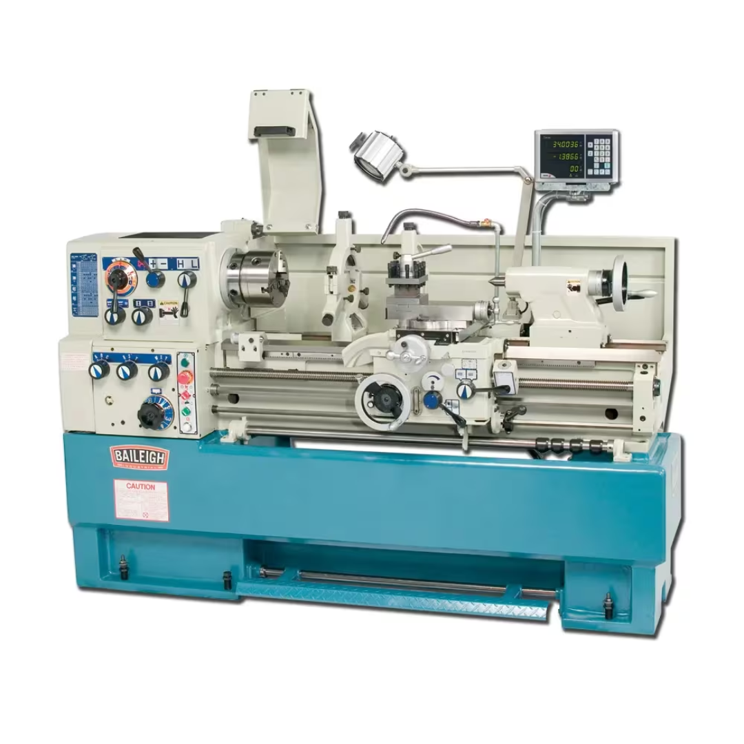 Baileigh 16" x 40" Precision Metal Lathe, Mitutoyo DRO (PL-1640) 1006140 industrial engine lathe featuring a precision-ground bed, digital readout system, three-jaw chuck, gearbox controls, and heavy-duty construction for accurate metal turning operations.