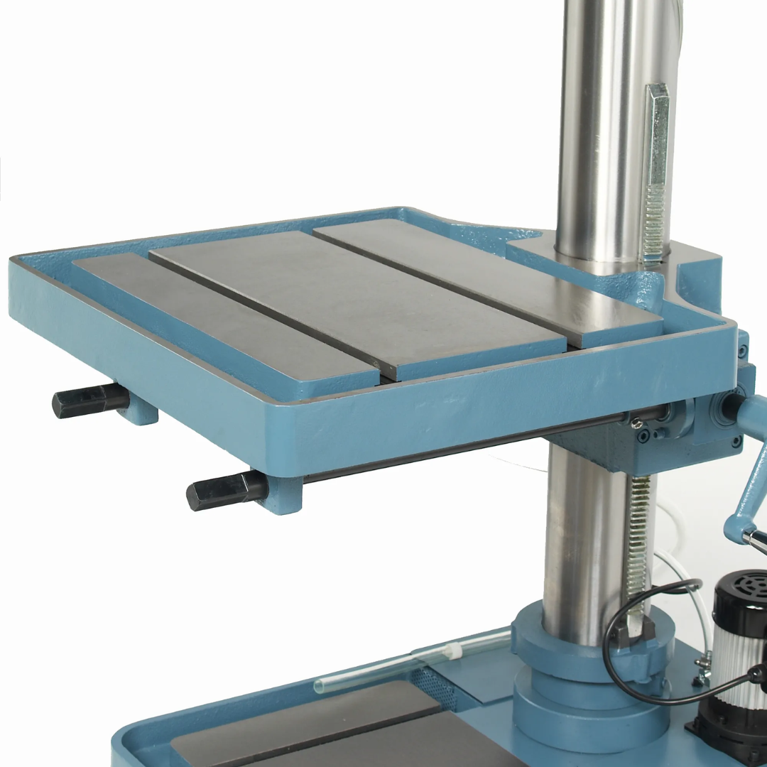 Baileigh 22-Inch Variable-Speed Drill Press, 220V 1Ph DP-1250VS 1002869 angled view of the adjustable drilling table and support column engineered for rigidity, precision, and long-term industrial performance.