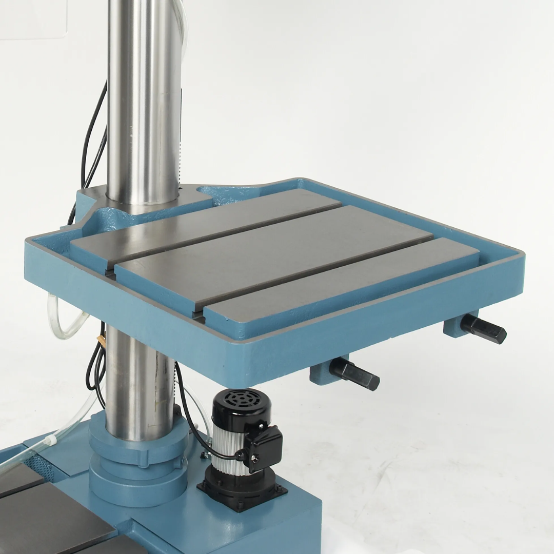 Baileigh 22-Inch Variable-Speed Drill Press, 220V 1Ph DP-1250VS 1002869 close-up of the cast iron work table with T-slots designed for secure fixture mounting, accurate positioning, and stable drilling operations.