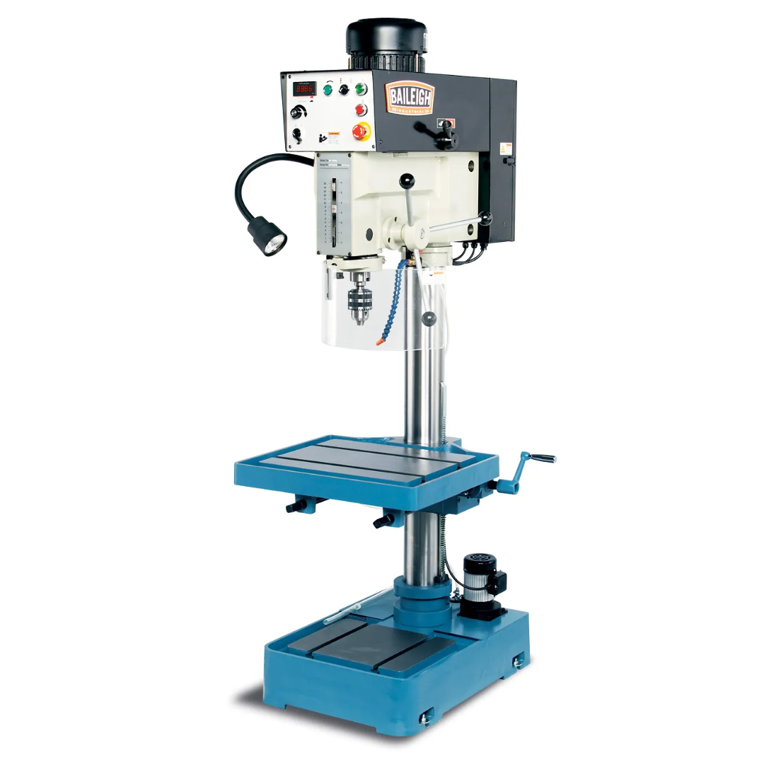Baileigh 22-Inch Variable-Speed Drill Press, 220V 1Ph DP-1250VS 1002869 industrial floor drill press featuring variable-speed control, heavy-duty cast construction, precision spindle assembly, and large adjustable work table for metalworking applications.