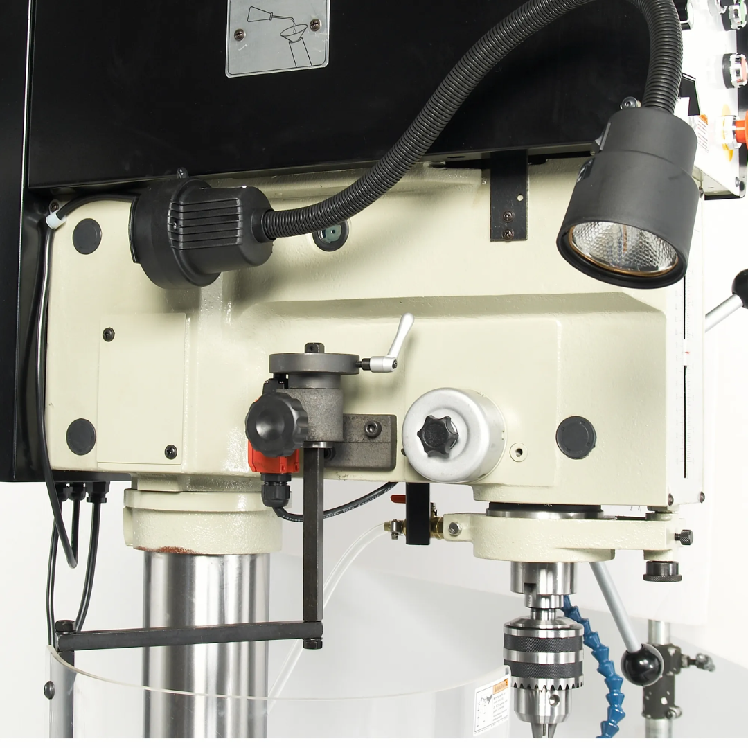 Baileigh 22-Inch Variable-Speed Drill Press, 220V 1Ph DP-1250VS 1002869 spindle head assembly featuring precision machining components, drilling controls, and industrial-grade construction.