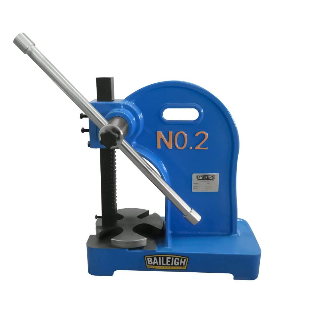 Baileigh 2 Ton Arbor Press AP-2 1232699 front view featuring a heavy-duty cast iron manual arbor press with long operating handle for precision pressing applications.