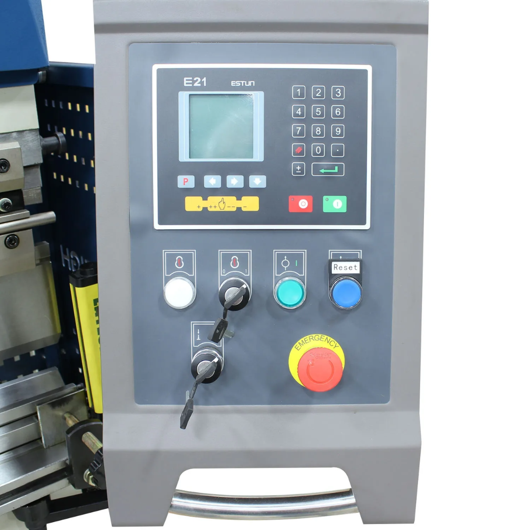 Baileigh 33-Ton CNC Hydraulic Press Brake, 63" Length (BP-3305CNC) 1020680 CNC controller close-up displaying programmable touchscreen interface, machine controls, and precision bending management system.