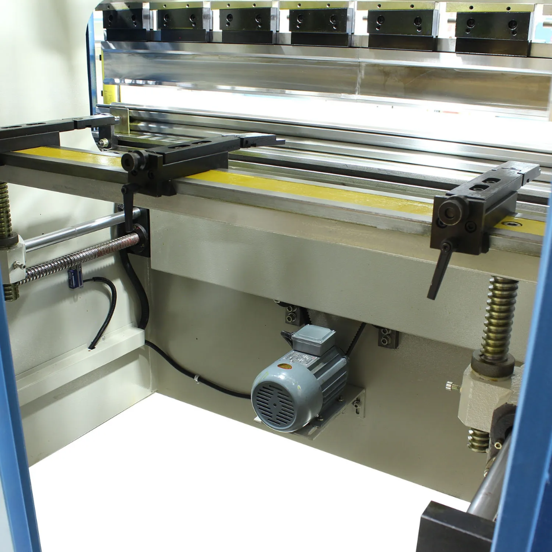 Baileigh 33-Ton CNC Hydraulic Press Brake, 63" Length (BP-3305CNC) 1020680 front support and bending bed close-up showcasing precision sheet positioning system, heavy-duty tooling alignment, and CNC-controlled metal forming accuracy for production fabrication environments.