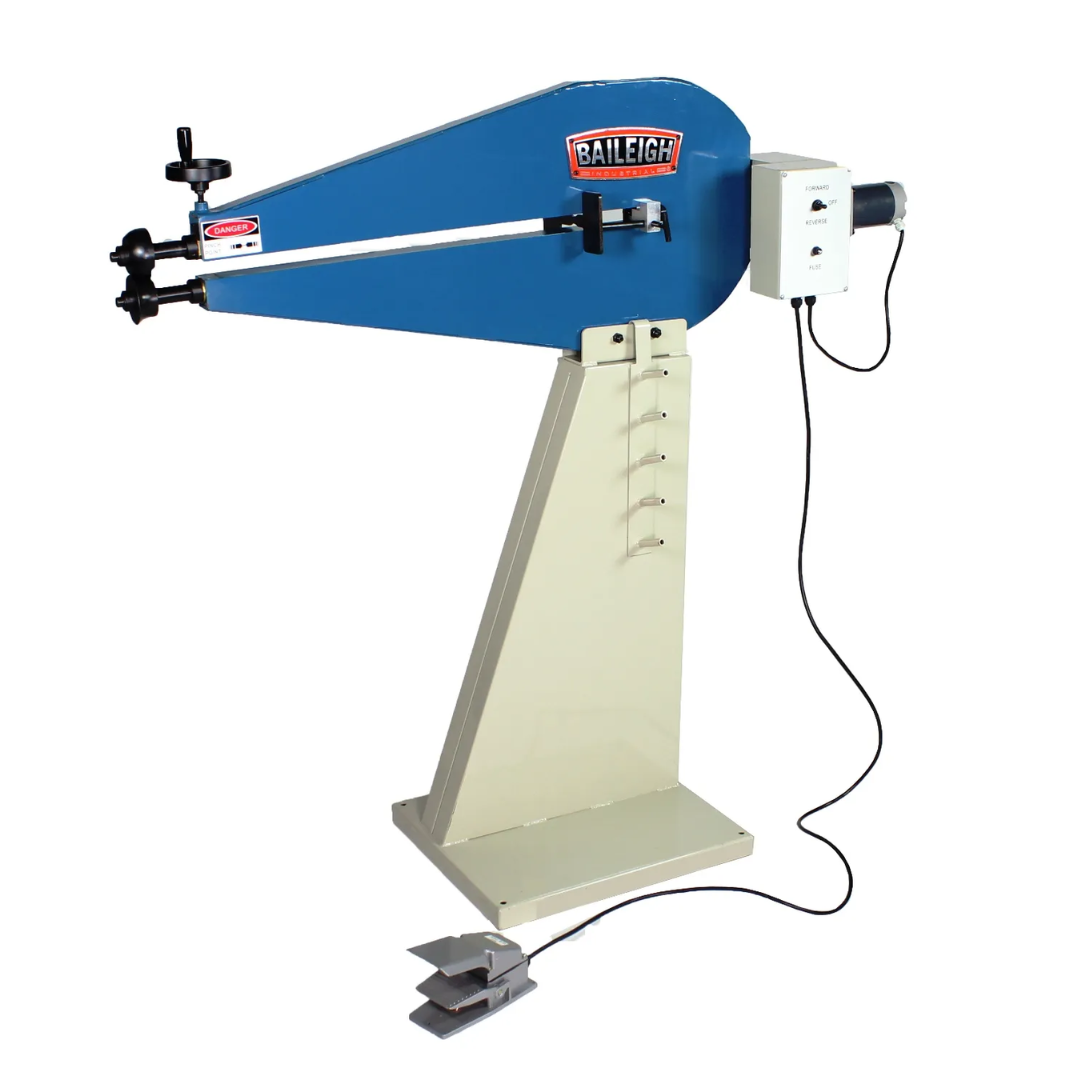 Baileigh 36" Powered Bead Rolling Machine, 110V (BR-18E-36) 1000924 front view showing electric bead roller with 36-inch throat depth, foot pedal control, and heavy-duty pedestal stand for sheet metal forming.
