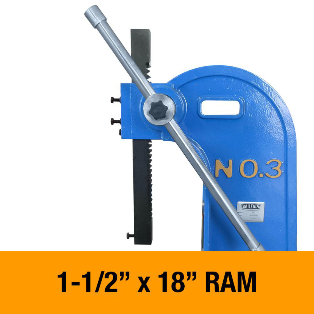 Baileigh 3 Ton Arbor Press AP-3 1232700 close-up of the case-hardened 1-1/2 in. × 18 in. square ram engineered for maximum strength, precision, and long service life.