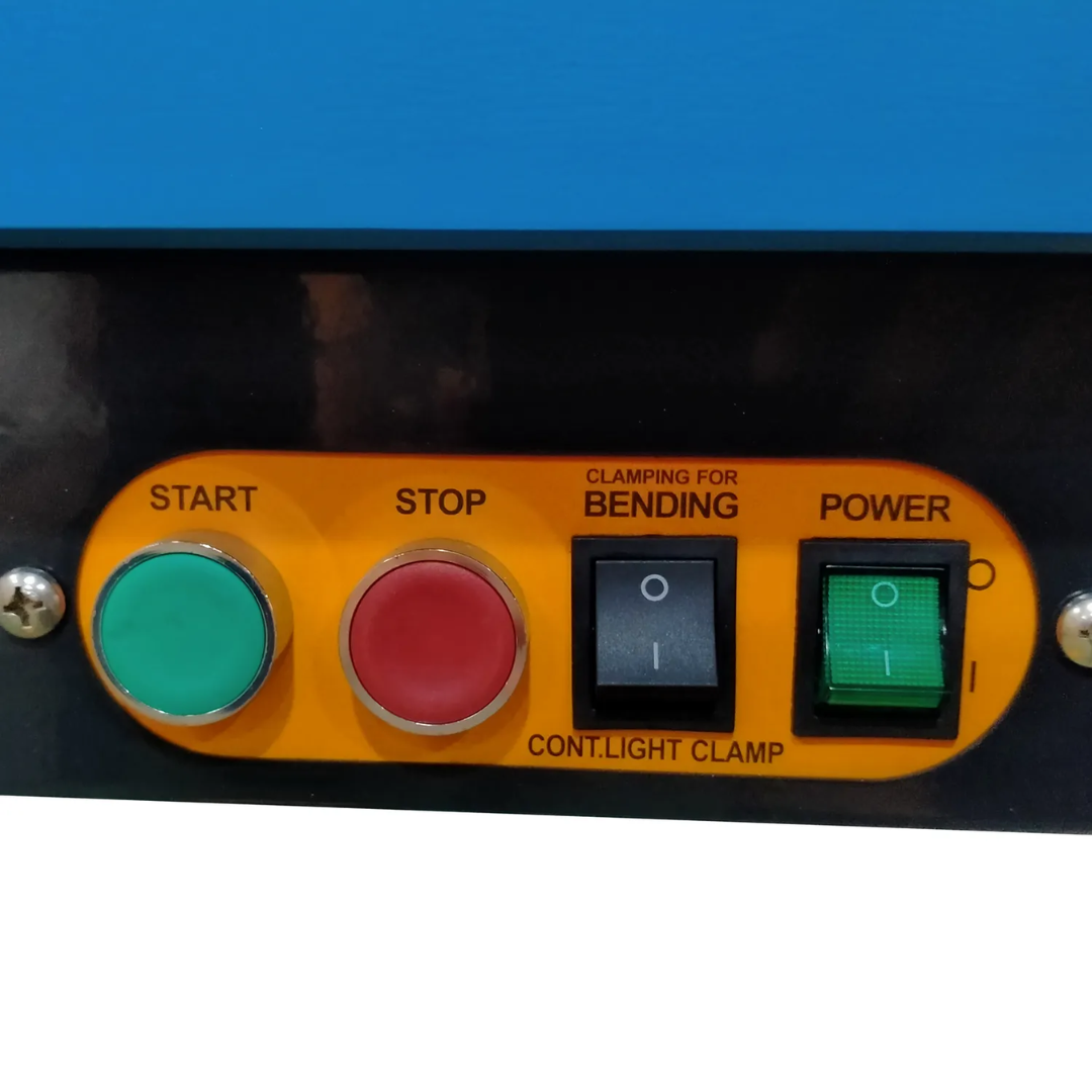 Baileigh 48-Inch Magnetic Sheet Metal Brake (BB-4816M-V2) 1231889 control panel featuring magnetic clamping controls and emergency stop for safe industrial operation.