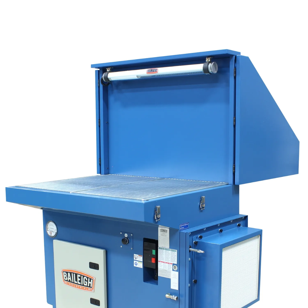 Baileigh 48" x 40" Heavy-Duty Downdraft Table, 2 HP (DDTM-4840-HD) 1017589 with access lid open, highlighting spacious work area and heavy-duty downdraft extraction design.