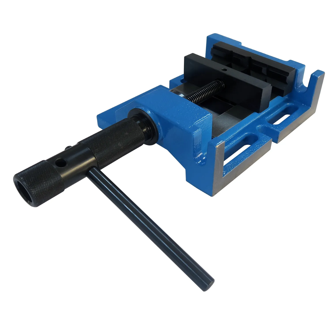 Baileigh 4" 3 Way Vise BV-4M-3 1227907 shown from an angled front view, featuring a heavy-duty blue cast-iron body, precision-machined 4-inch jaws, and a three-way positioning design for accurate drilling and machining applications.
