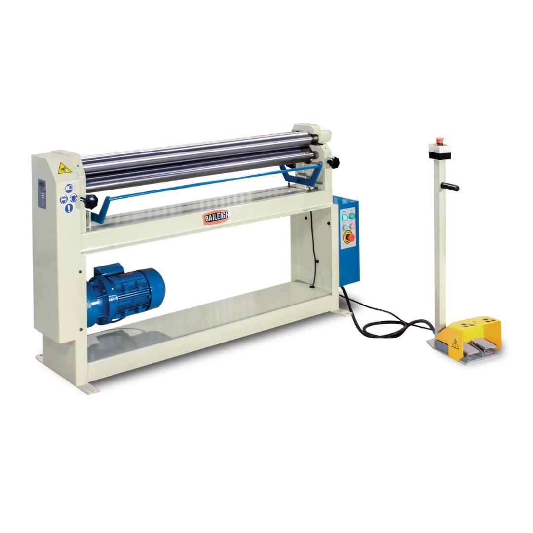 Baileigh 50-Inch Electric Slip Roll, Open Stand (SR-5016E) 1007336 electric sheet metal slip roll featuring a 50-inch forming width, industrial open stand design, foot pedal control, and precision rolling capability for curved metal fabrication.