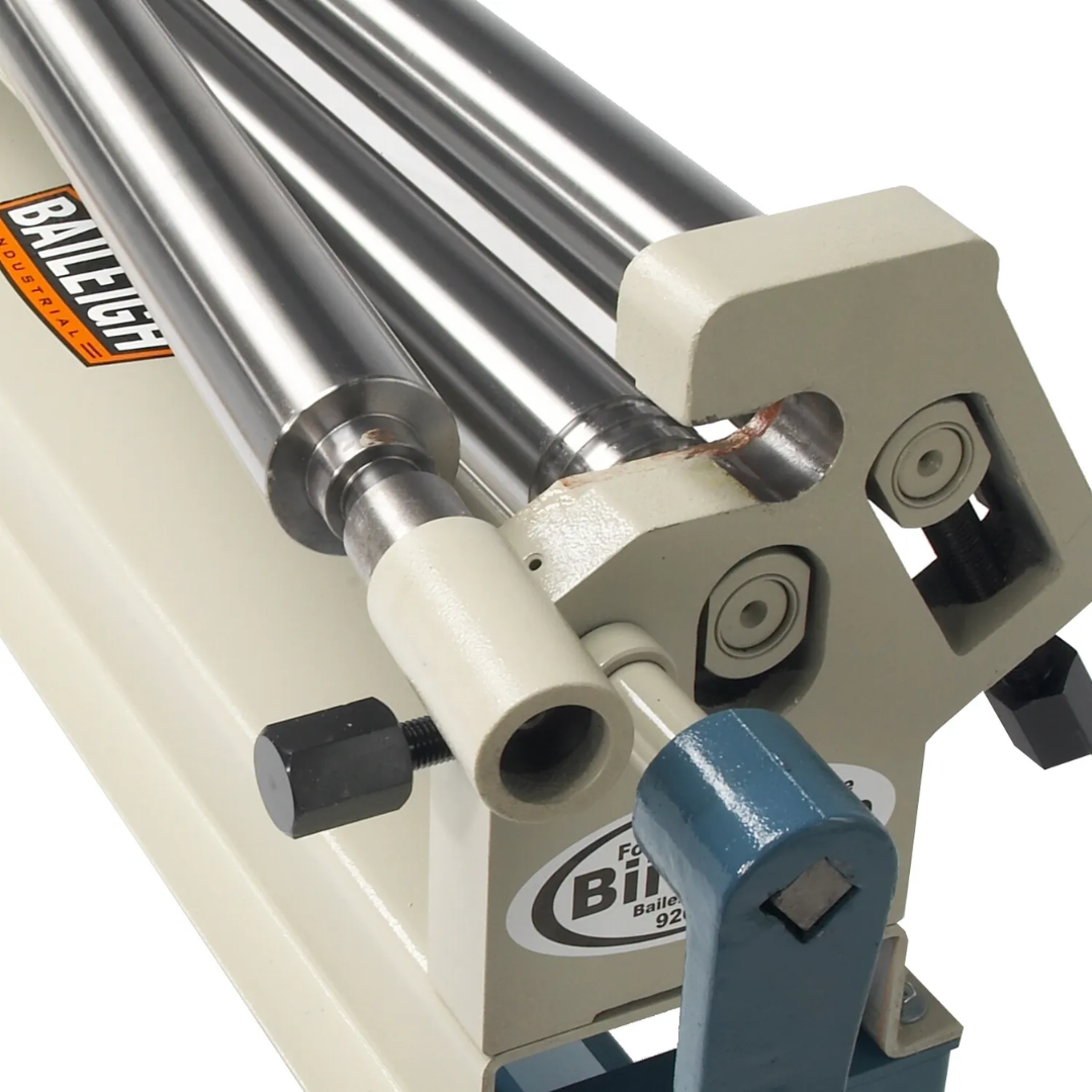 Baileigh 50-Inch Manual Slip Roll, 16-Gauge Mild Steel (SR-5016M) 1007348 close-up of hardened rolling cylinders and adjustment controls designed for accurate sheet metal forming and rolling applications.