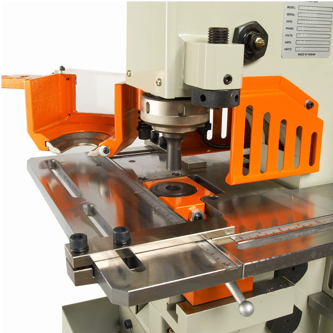 Baileigh 50-Ton 5-Station Ironworker, 3 HP, 220V 3Ph (SW-503) 1007792 detailed view of the hydraulic fabrication workstation with integrated guides for accurate material positioning.