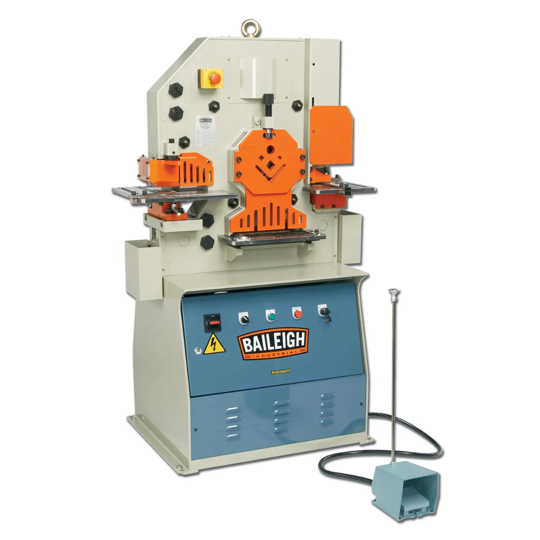 Baileigh 50-Ton 5-Station Ironworker, 3 HP, 220V 3Ph (SW-503) 1007792 industrial hydraulic ironworker with five integrated workstations for punching, shearing, notching, and metal fabrication.
