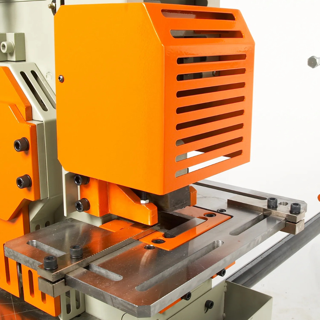 Baileigh 50-Ton 5-Station Ironworker, 3 HP, 220V 3Ph (SW-503) 1007792 precision shearing station engineered for clean, repeatable cuts on flat bar, angle iron, and structural materials.
