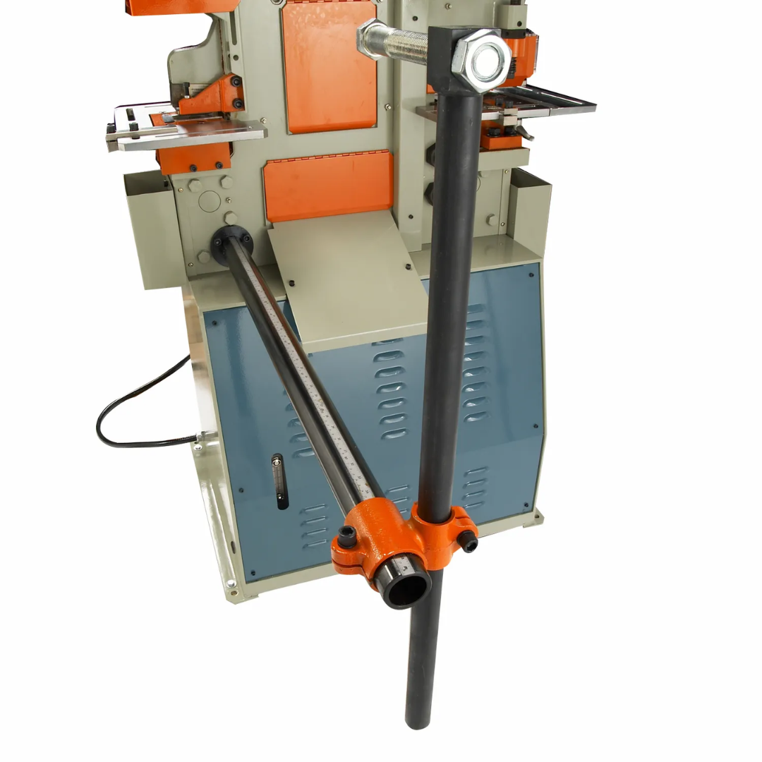 Baileigh 50-Ton 5-Station Ironworker, 3 HP, 220V 3Ph (SW-503) 1007792 side view highlighting the heavy-duty hydraulic cutting and shearing station for precision metal processing.