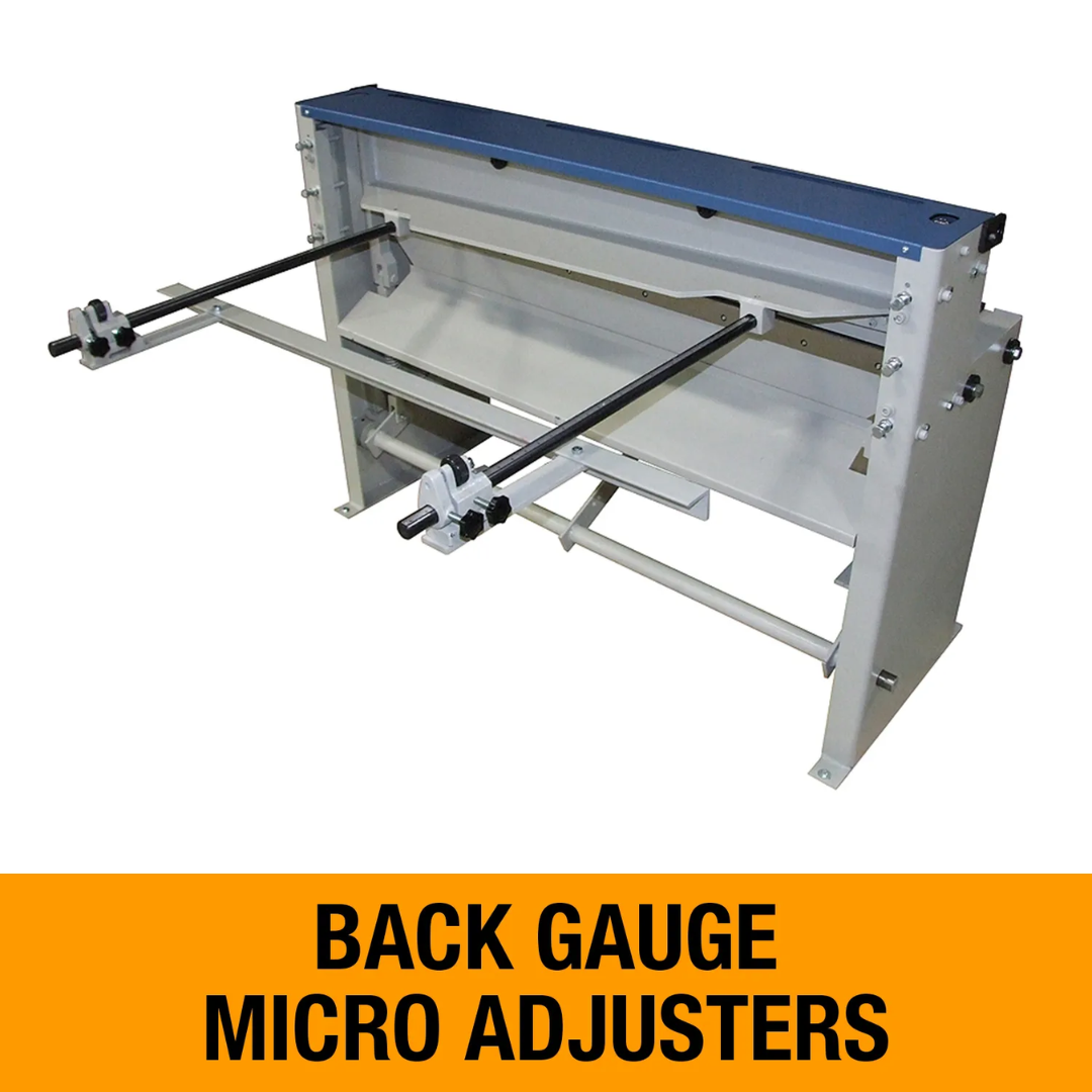 Baileigh 52-Inch Foot Shear, 16-Gauge Mild Steel (Model SF-5216) 1007017 back gauge adjustment system with micro-adjusters designed for accurate, repeatable sheet metal cutting operations.