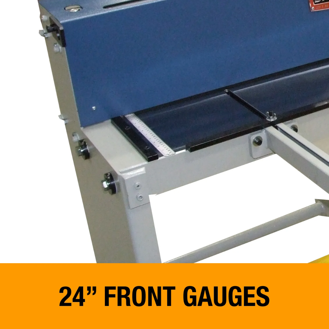 Baileigh 52-Inch Foot Shear, 16-Gauge Mild Steel (Model SF-5216) 1007017 front gauge assembly featuring 24-inch material guides for precise positioning and consistent cutting results.