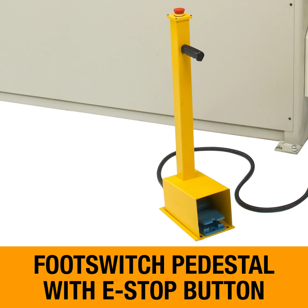 Baileigh 52-Inch Hydraulic Sheet Metal Shear (SH-5214) 1007148 footswitch pedestal with emergency stop button for safe and efficient hydraulic shear operation.