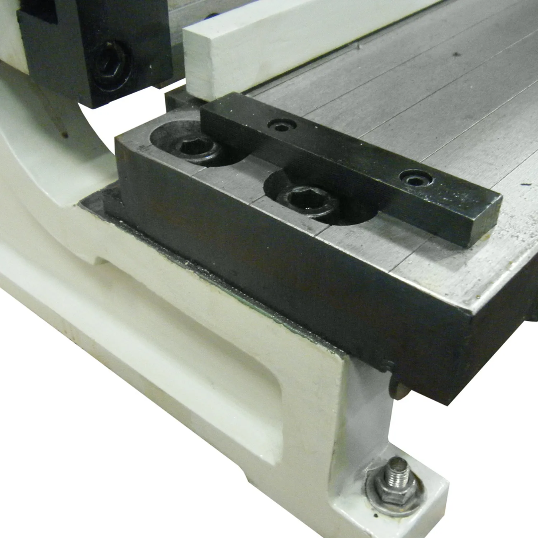 Baileigh 52-Inch Shear Brake Roll, 16-Gauge Mild Steel (SBR-5216) 1006972 adjustable material stop and work support close-up designed to improve repeatability and fabrication accuracy.