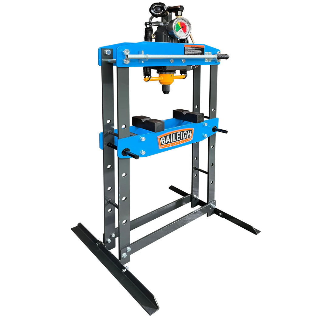 Baileigh 5 TON HYDRAULIC SHOP PRESS HSP-5A 1232702 angled view highlighting the hydraulic cylinder, pressure adjustment controls, and reinforced frame designed for accurate pressing and forming operations.