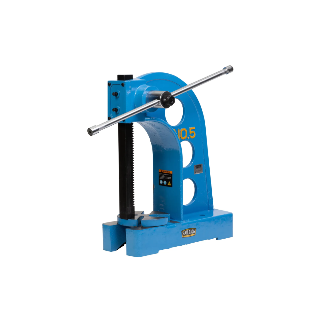 Baileigh 5 Ton Arbor Press AP-5HD 1232701 detailed view of adjustable operating handle and leverage arm providing enhanced control during pressing and assembly tasks.
