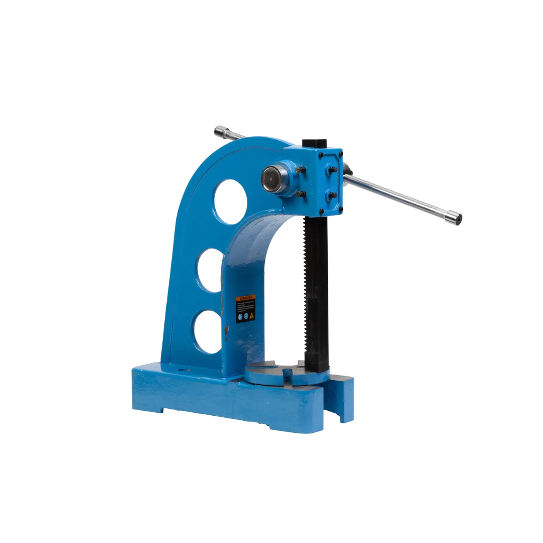 Baileigh 5 Ton Arbor Press AP-5HD 1232701 front perspective showing work table, ram alignment, and industrial-grade construction designed for precision metalworking and manufacturing environments.