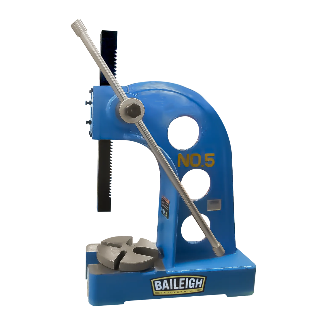 Baileigh 5 Ton Arbor Press AP-5HD 1232701 heavy-duty manual arbor press with 5-ton capacity, precision rack-and-pinion ram, adjustable handle, and cast iron frame for pressing, staking, and assembly operations.