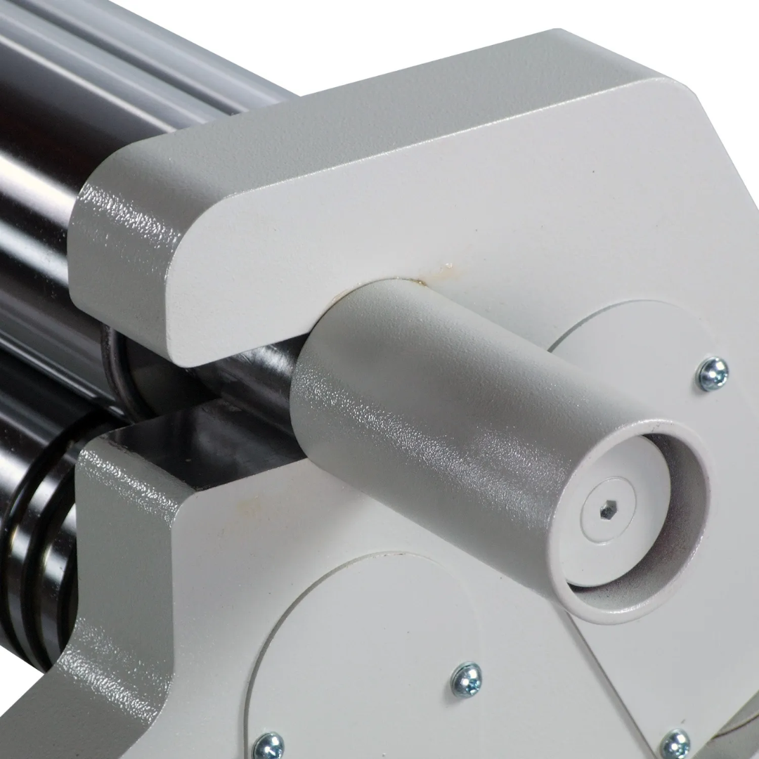 Baileigh 60-Inch Hydraulic Plate Roll, 14-Gauge Mild Steel (PR-514) 1006546 end-cap assembly showing industrial-grade drive components and roll release system for efficient production workflows.