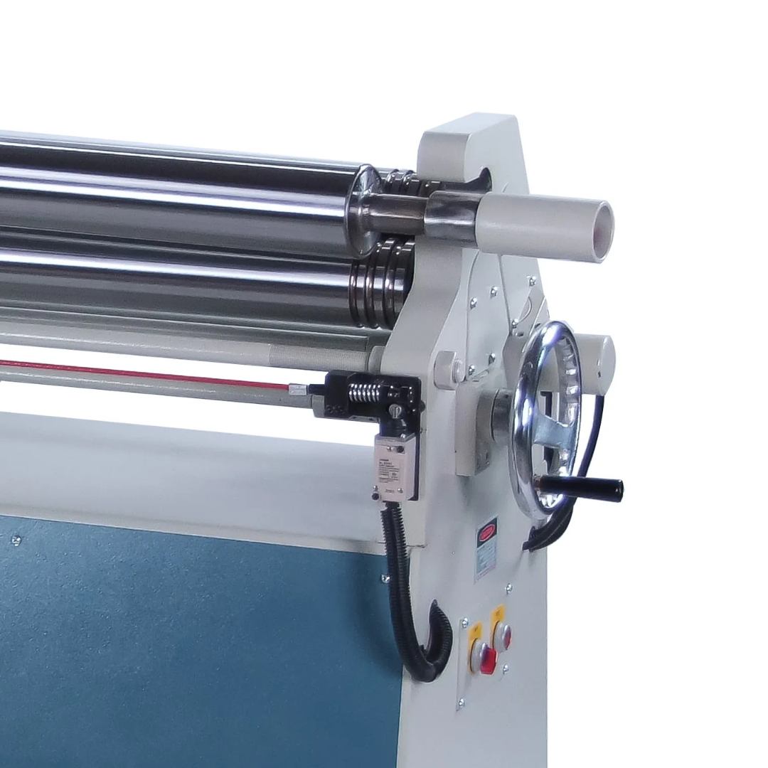 Baileigh 60-Inch Hydraulic Plate Roll, 14-Gauge Mild Steel (PR-514) 1006546 side view highlighting hardened rolling cylinders and manual adjustment controls for accurate sheet metal forming.