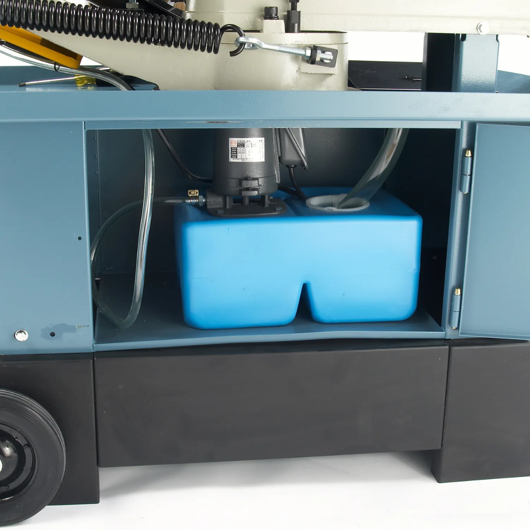Baileigh 7-Inch Horizontal/Vertical Bandsaw, Coolant Pump (BS-712MS) 1001684 coolant pump reservoir compartment view showcasing built-in coolant management for extended blade life and improved cutting performance.