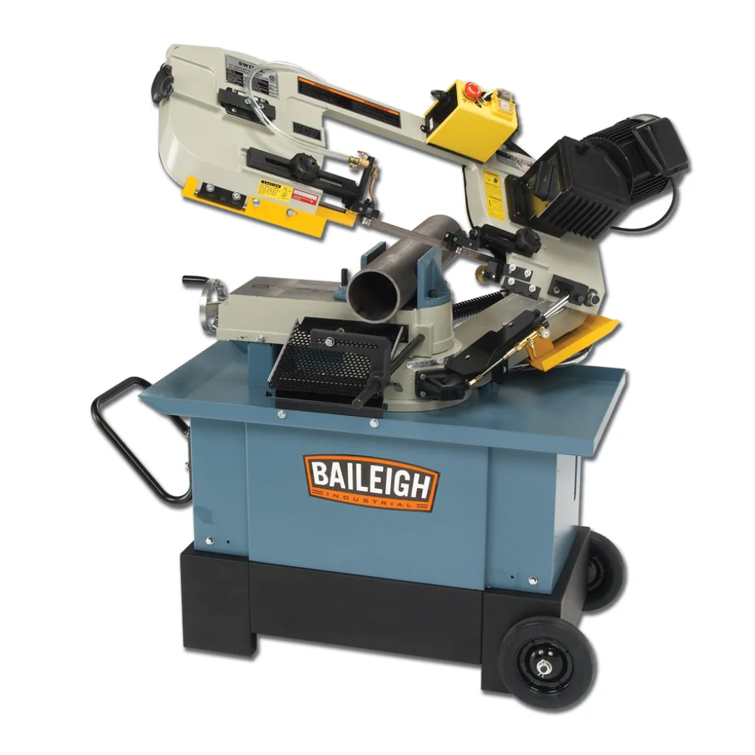 Baileigh 7-Inch Horizontal/Vertical Bandsaw, Coolant Pump (BS-712MS) 1001684 full machine view showing industrial horizontal and vertical metal cutting bandsaw with integrated coolant system, swivel head design, and mobile base.