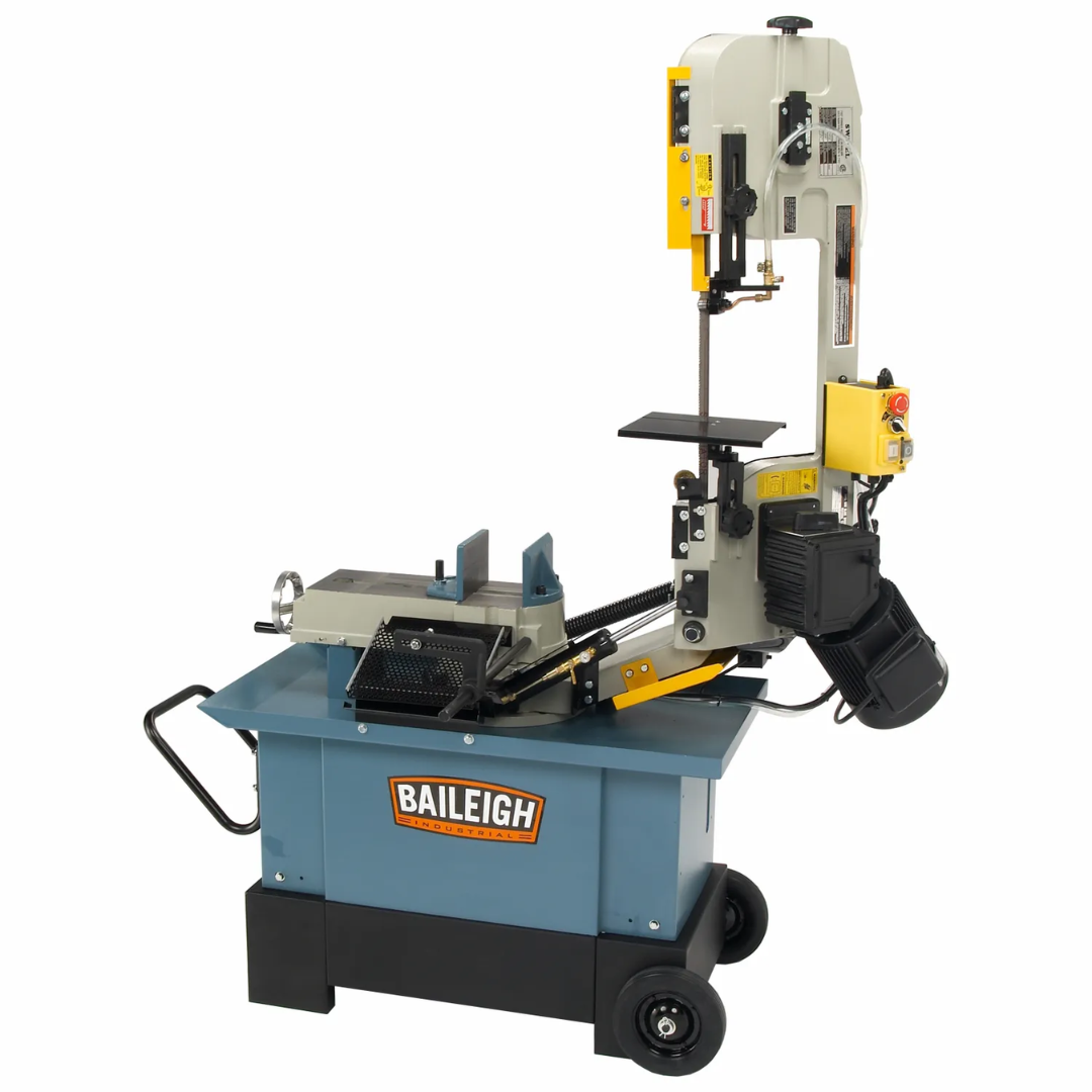 Baileigh 7-Inch Horizontal/Vertical Bandsaw, Coolant Pump (BS-712MS) 1001684 side-angle view displaying heavy-duty saw frame, cutting head assembly, and industrial metal fabrication construction.