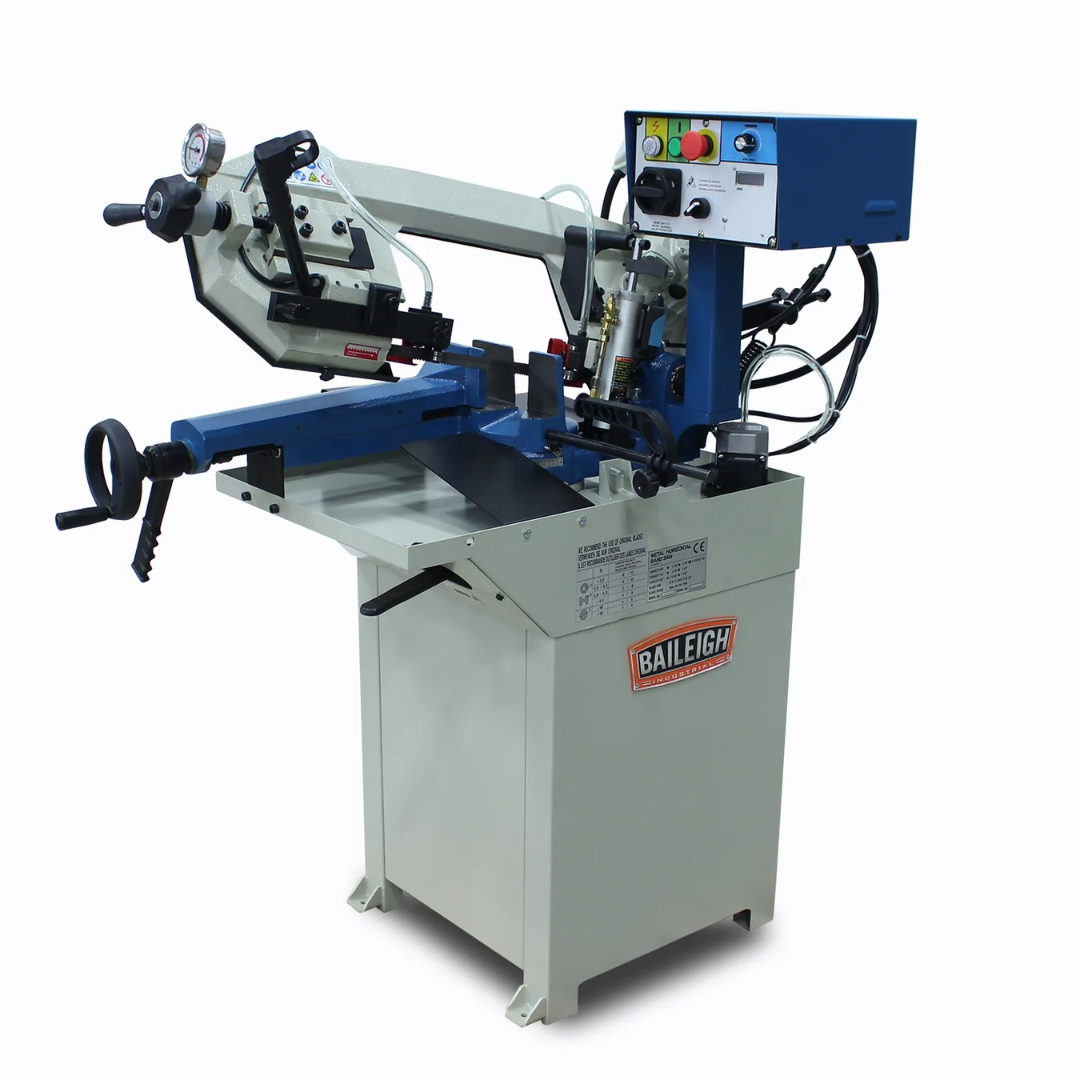 Baileigh 8.26 x 6.69" Manual Horizontal Bandsaw: Geared Head (BS-210M) 1001309 industrial metal-cutting bandsaw with geared head drive, heavy-duty frame, and precision vise for accurate cutting operations.