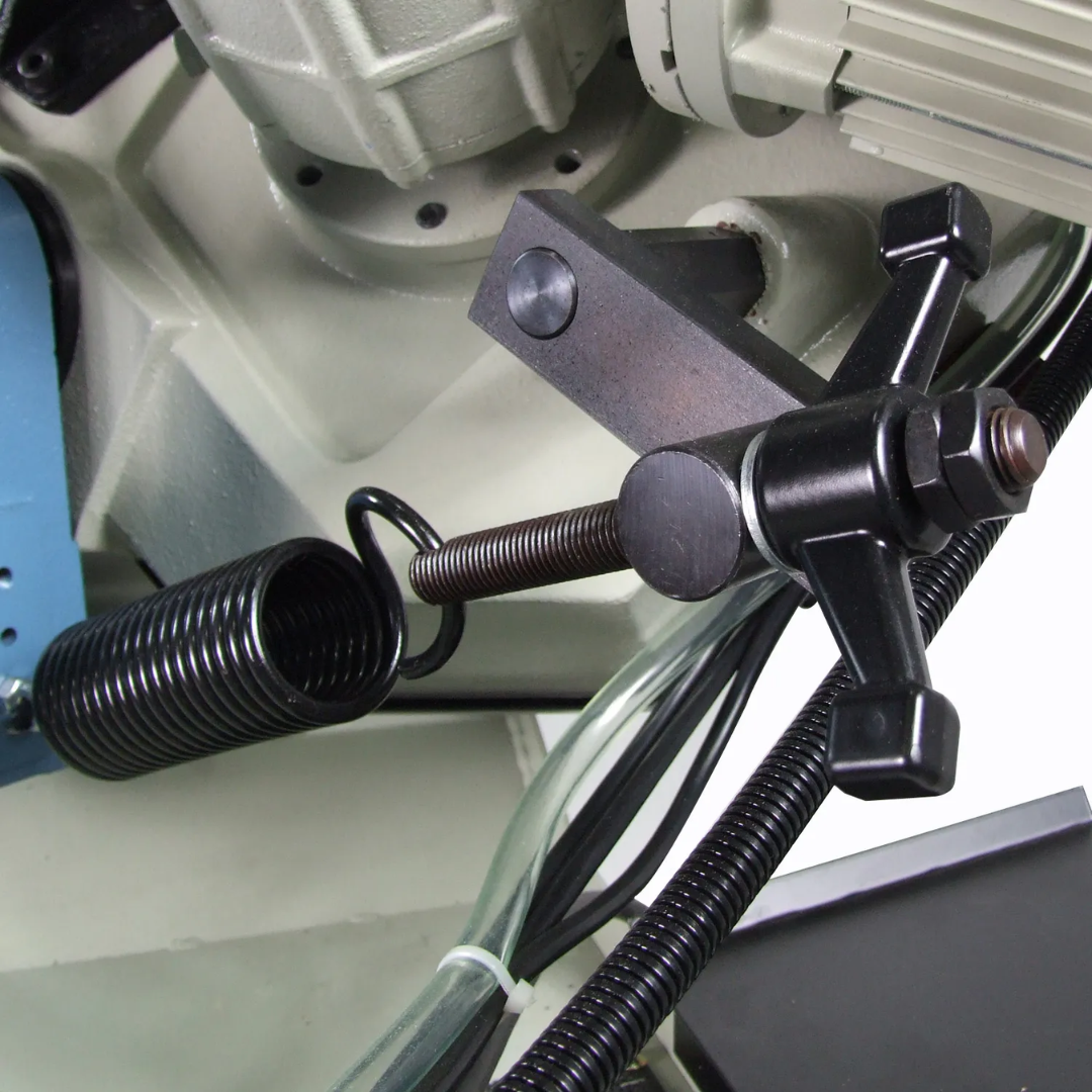 Baileigh 8.5" Variable-Speed Dual-Miter Horizontal Bandsaw (BS-260M) 1001432 hydraulic feed control and guide arm assembly providing smooth blade descent and consistent cutting performance.