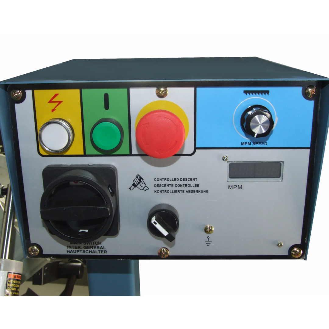 Baileigh 8.5" Variable-Speed Dual-Miter Horizontal Bandsaw (BS-260M) 1001432 operator control panel with machine controls for variable speed adjustment and efficient workflow management.