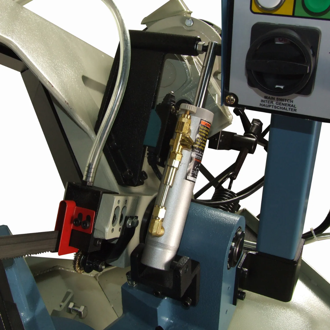 Baileigh 8.5" Variable-Speed Dual-Miter Horizontal Bandsaw (BS-260M) 1001432 vise and blade guide detail engineered for secure material clamping and cutting accuracy.