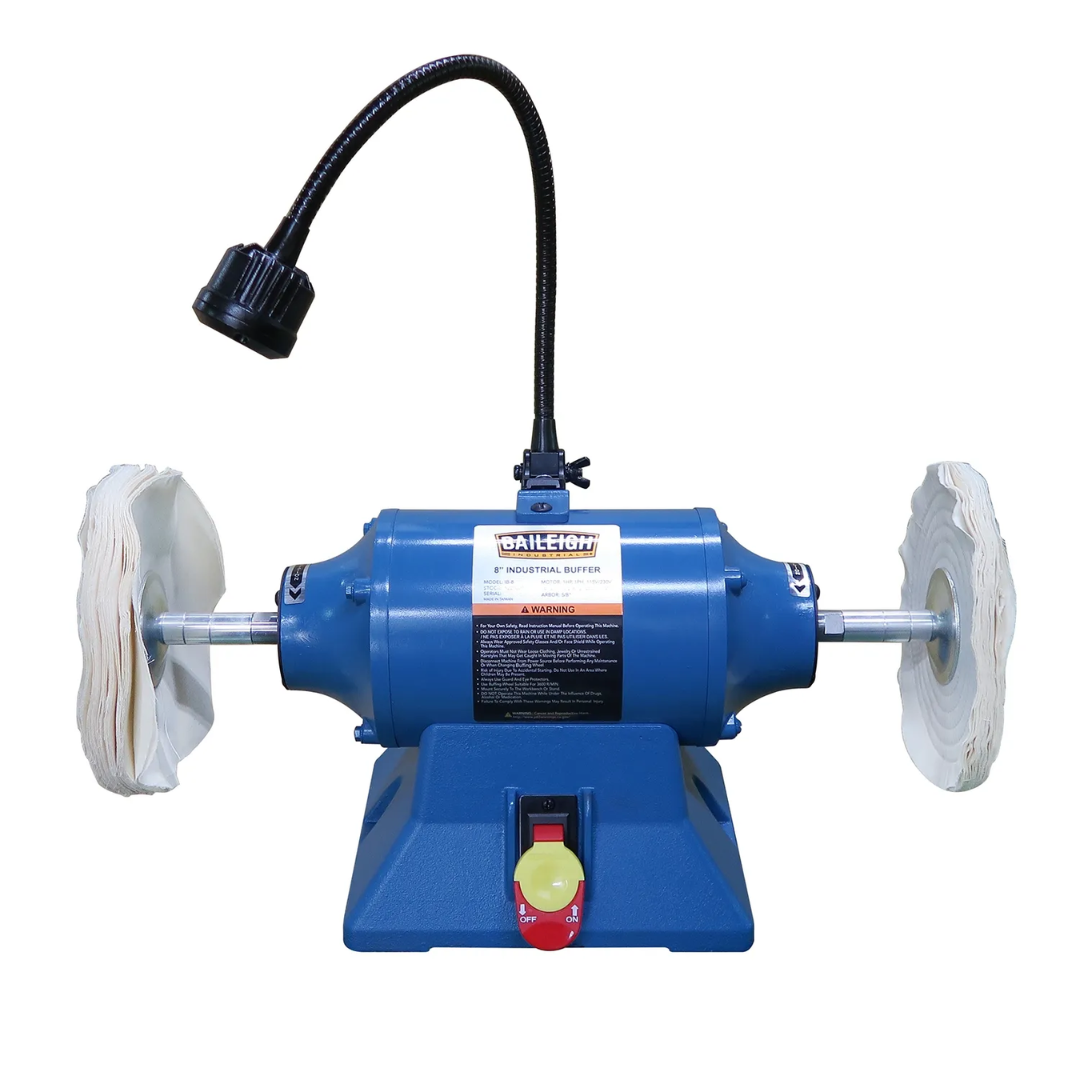 Baileigh 8" Buffer IB-8 1227897 front-angle view showcasing dual 8-inch buffing wheels, rugged steel housing, and stable benchtop design for professional polishing operations.