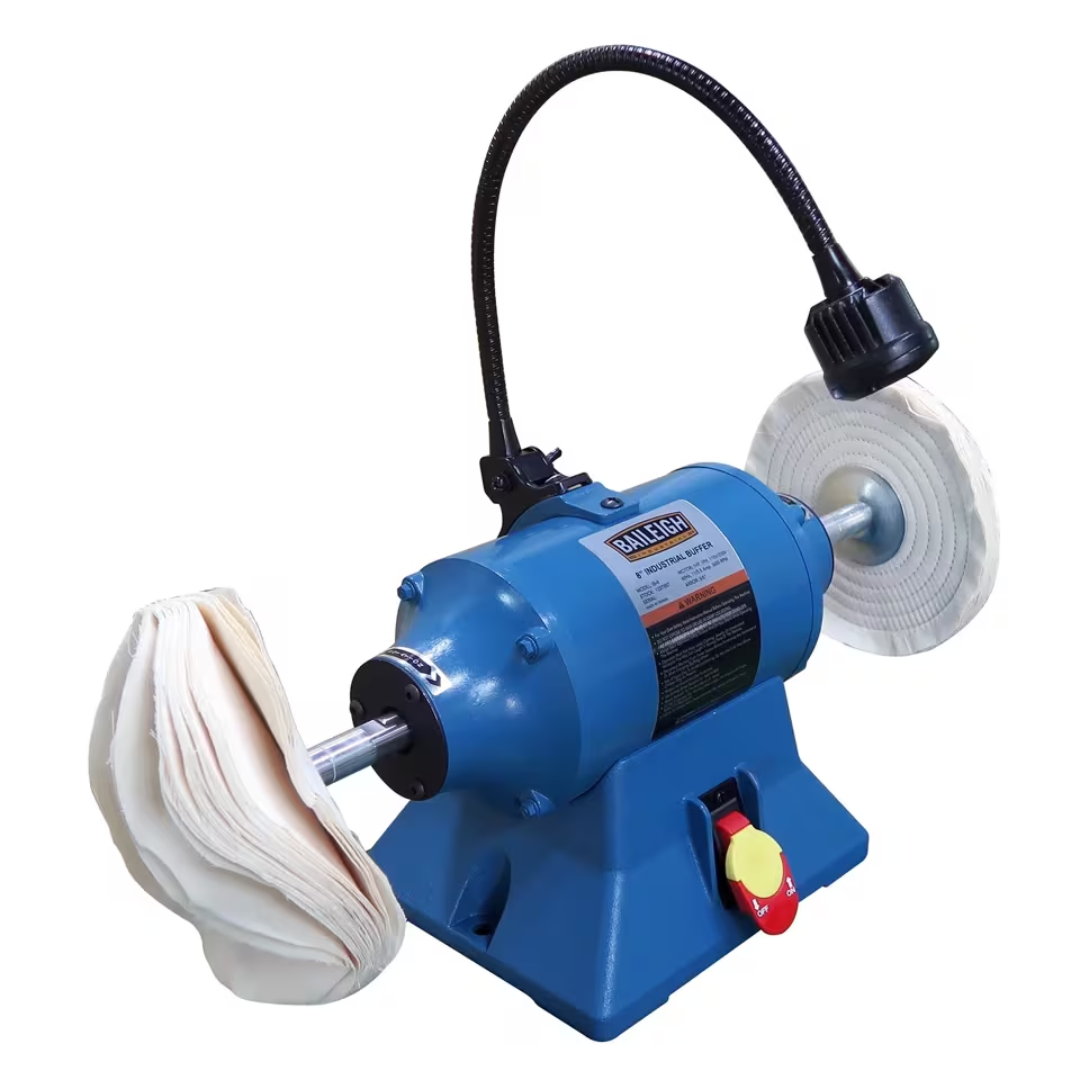 Baileigh 8" Buffer IB-8 1227897 industrial bench buffer with dual polishing wheels, flexible work light, and heavy-duty motor designed for metal finishing, polishing, and buffing applications.