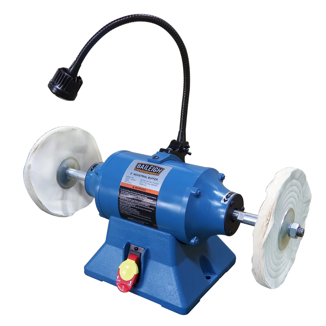 Baileigh 8" Buffer IB-8 1227897 side profile highlighting industrial-grade motor assembly, precision spindle system, and integrated task lighting for enhanced visibility during finishing work.