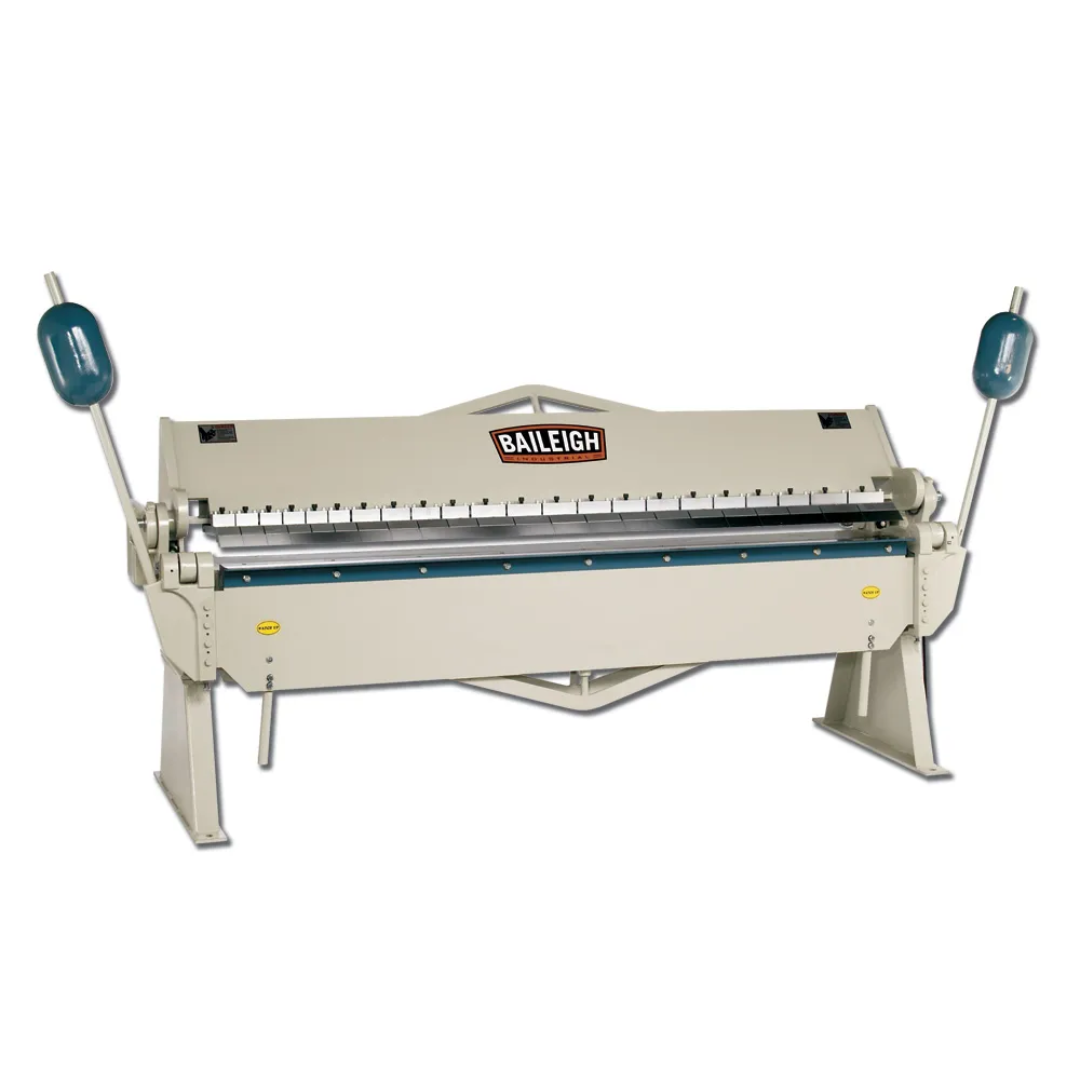 Baileigh 96-Inch Box & Pan Brake, 12-Gauge Mild Steel (BB-9612) 1000553 heavy-duty manual sheet metal brake featuring a 96-inch bending capacity, segmented fingers, dual counterbalance handles, and industrial steel construction for precision box and pan forming applications.
