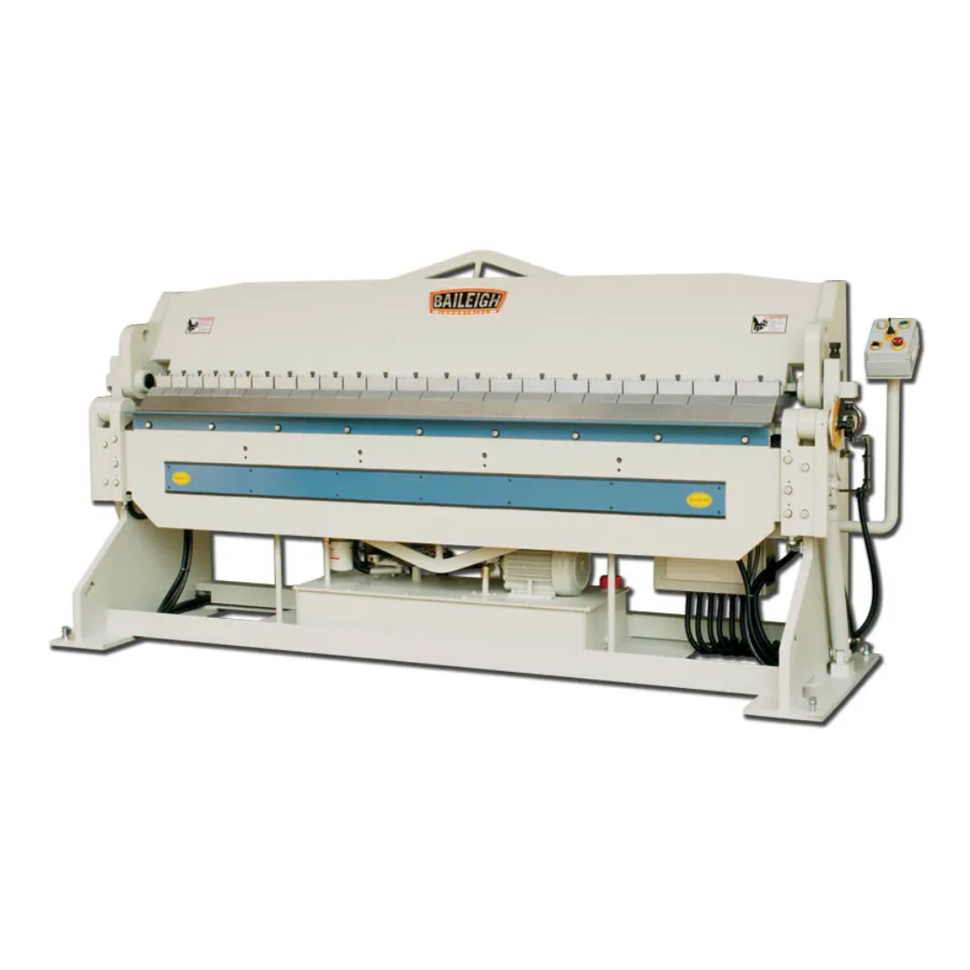 Baileigh 96-Inch Hydraulic Box & Pan Brake (BB-9610H) 1021003 industrial hydraulic box and pan brake featuring a 96-inch bending capacity, segmented finger tooling, heavy-duty welded steel construction, hydraulic clamp and bending system, and precision sheet metal forming for fabrication and manufacturing.