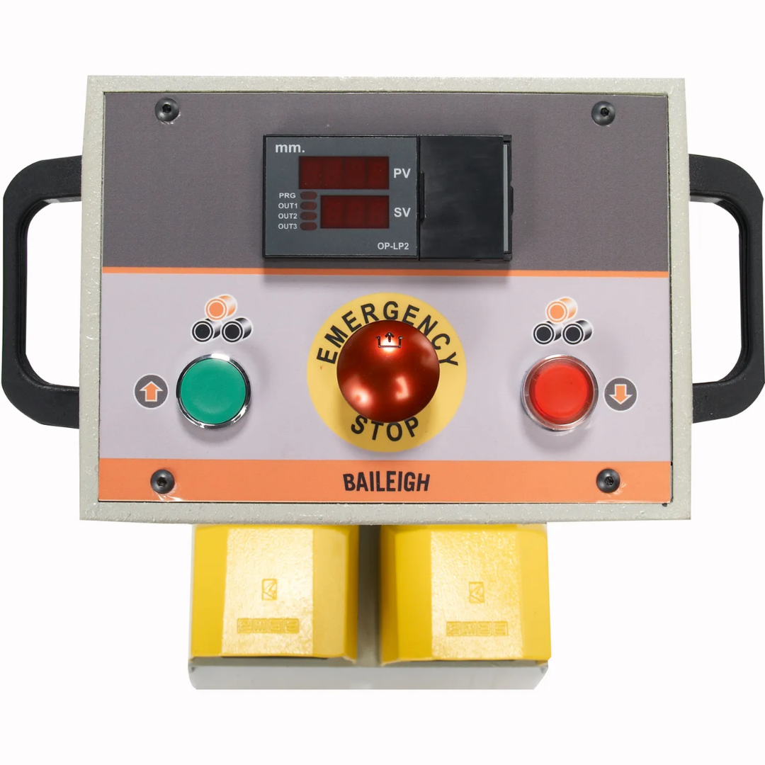 Baileigh Angle Roller R-H55 1006836 control panel featuring digital controls, emergency stop, hydraulic operation controls, and industrial operator interface for precise profile rolling.
