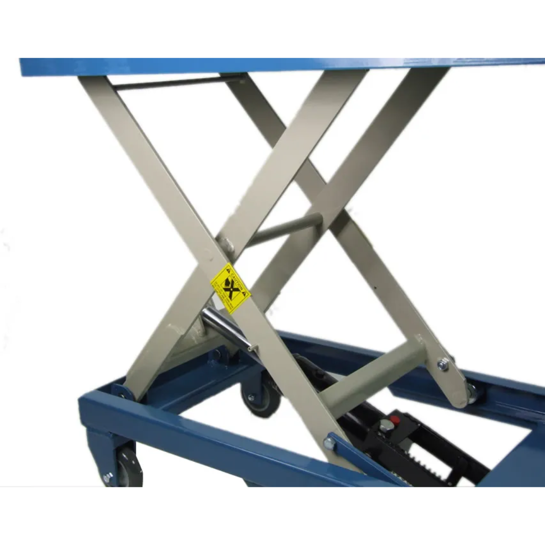 Baileigh B-Cart Hydraulic Lift Cart 1000578 raised platform configuration demonstrating adjustable working height capability from low-profile transport position to elevated workstation height.