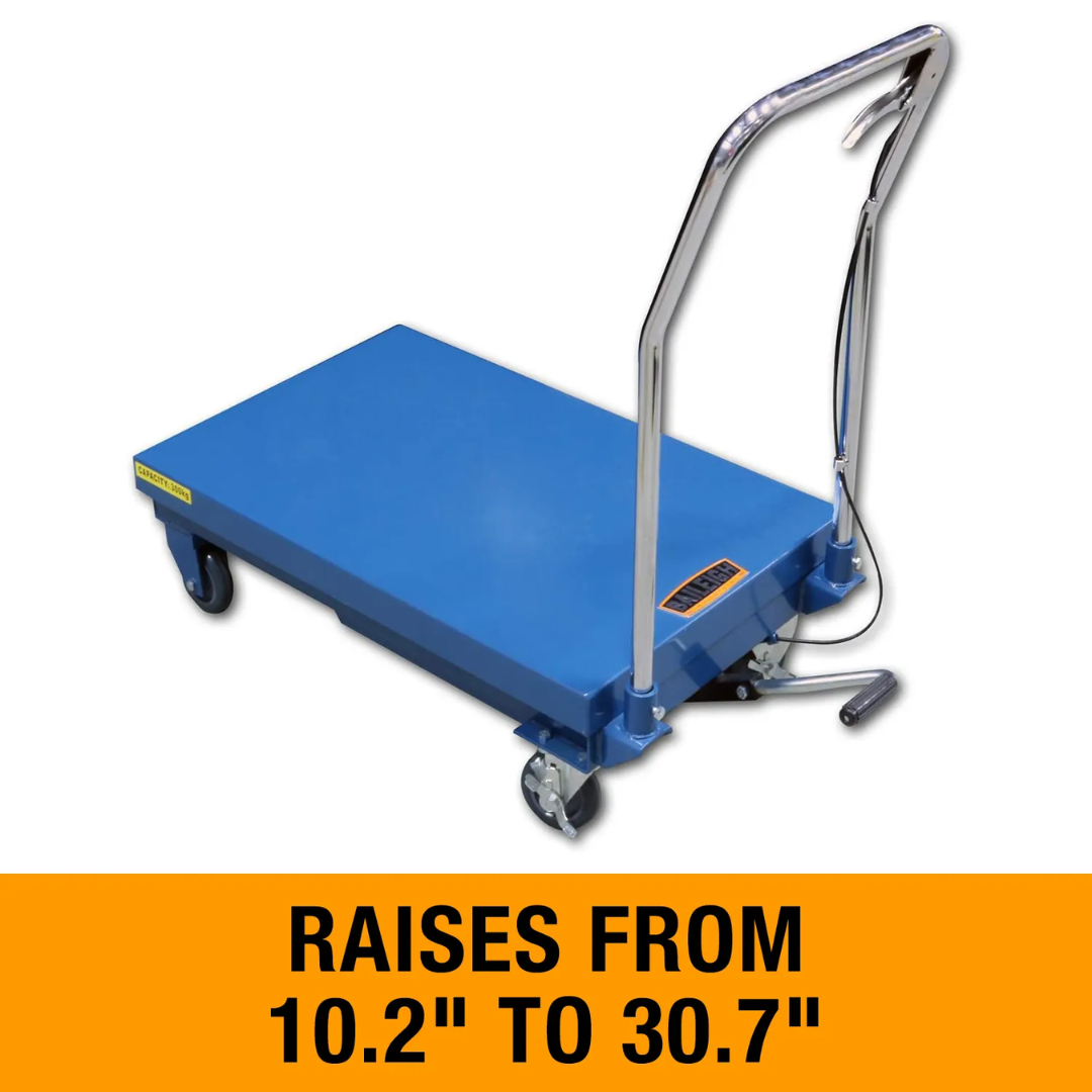 Baileigh B-Cart Hydraulic Lift Cart 1000578 side view displaying ergonomic push handle, hydraulic scissor lift assembly, and industrial-grade platform for lifting and transporting materials.