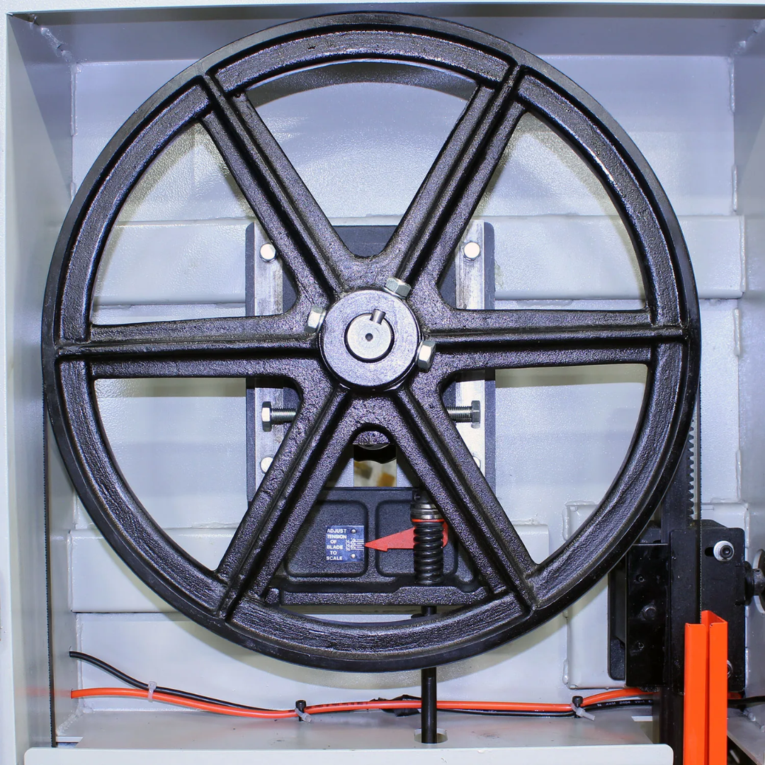 Baileigh BSV-18VS-V2 - Vertical Band Saw 1230389 large band saw wheel designed for smooth blade operation and consistent cutting performance.