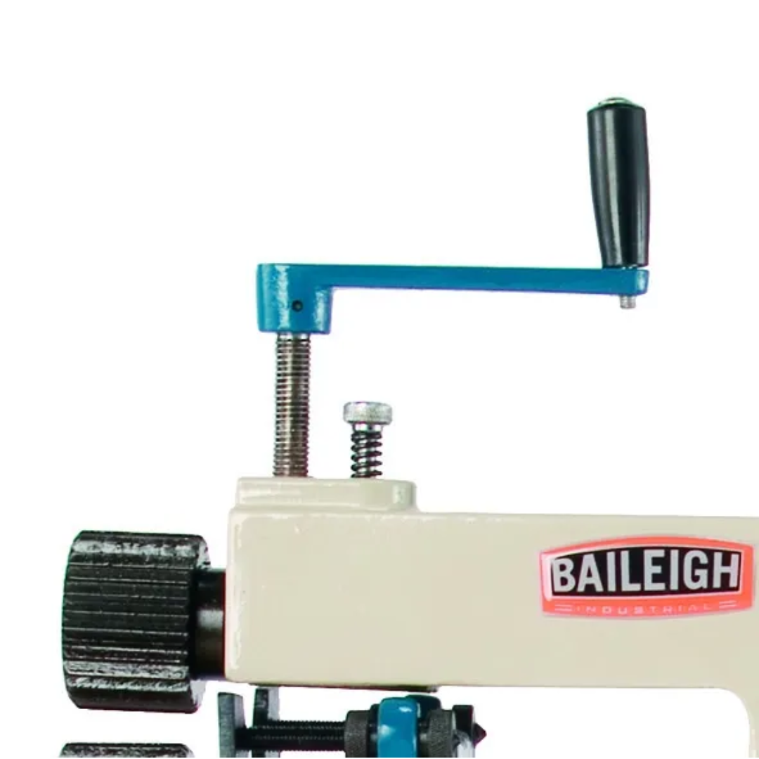 Baileigh Bead Roller - BR-22 1000936 close-up of bench-mount clamping system and adjustable support structure designed for stable operation and precise sheet metal bead forming in fabrication shops.