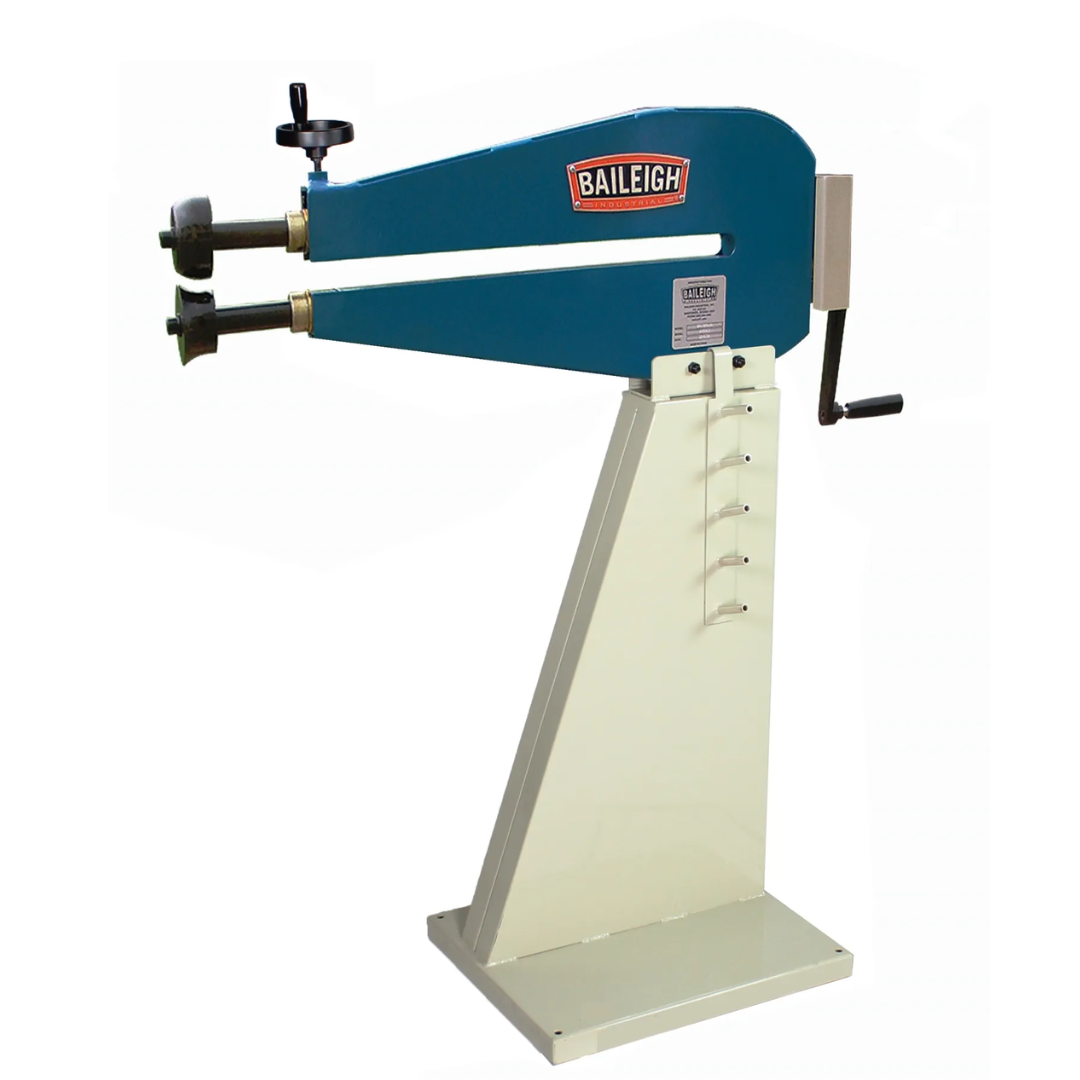Baileigh Bead Roller BR-18M-24 1000935 shown in a full front view, featuring a heavy-duty manual crank, adjustable throat depth, rigid steel stand, and precision bead rolling head for professional sheet metal forming.