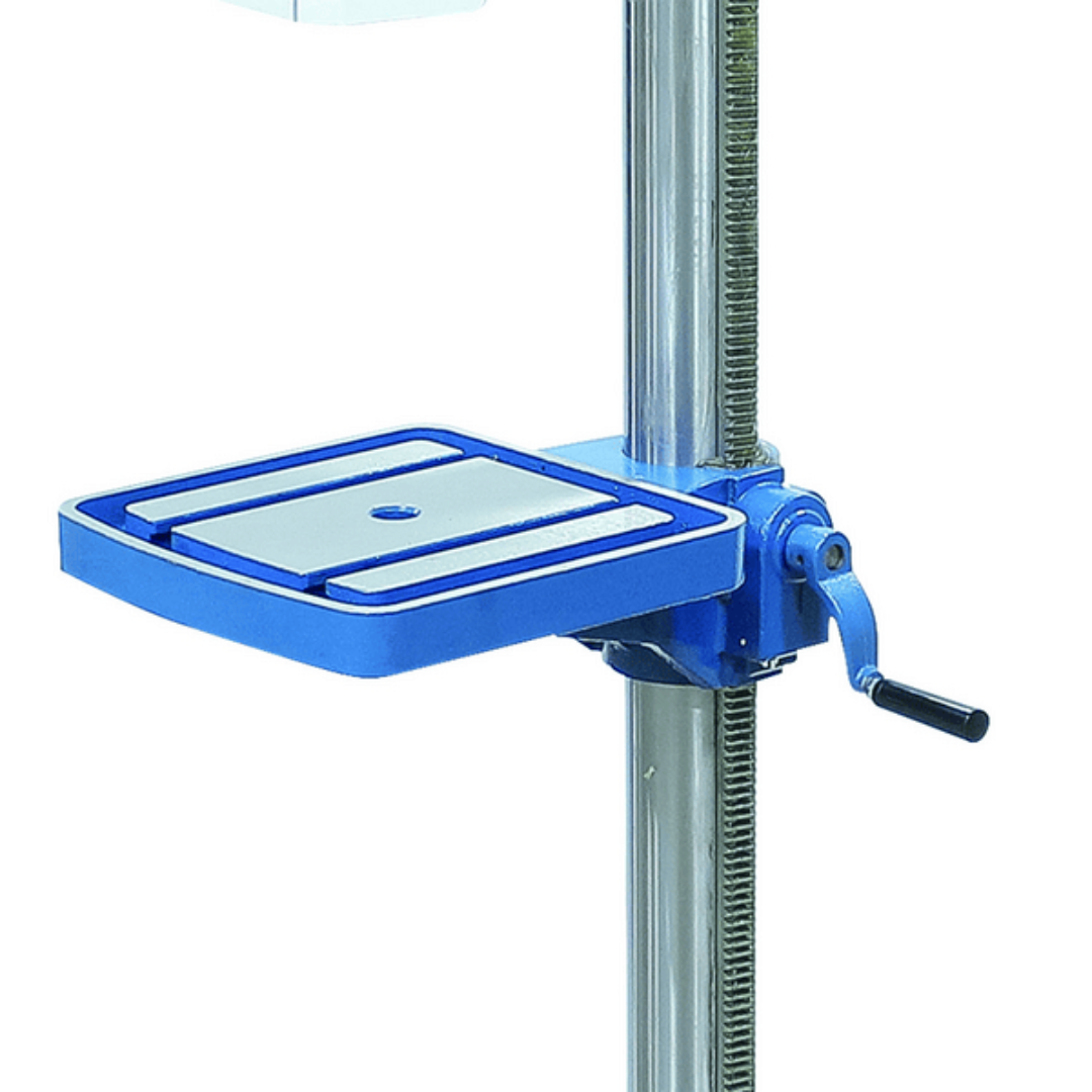 Baileigh Belt Driven Drill Press DP-1000E 1022128 adjustable worktable mounted on the precision column for flexible height and positioning during drilling operations.